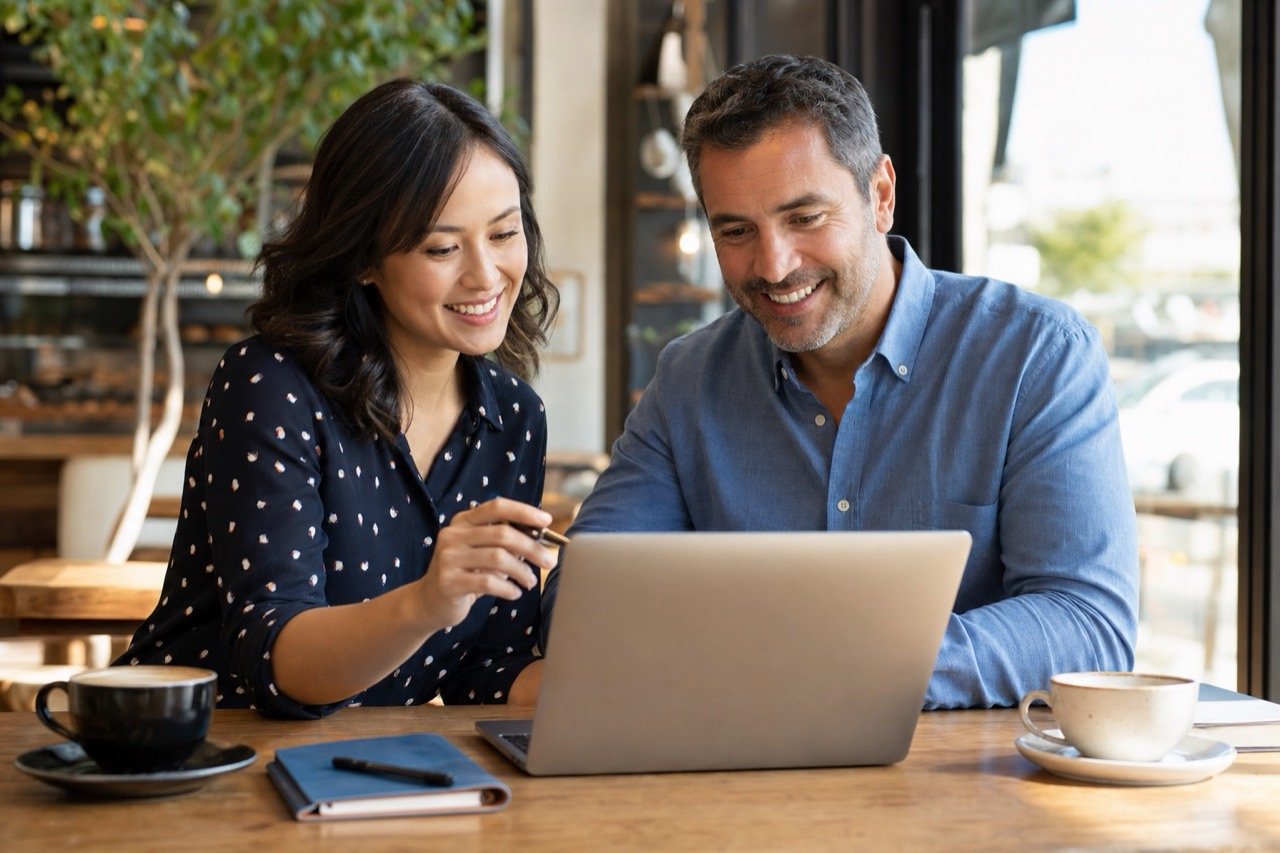 A consultant and a small-business owner smiling as they review marketing results together on a laptop at a cafe table