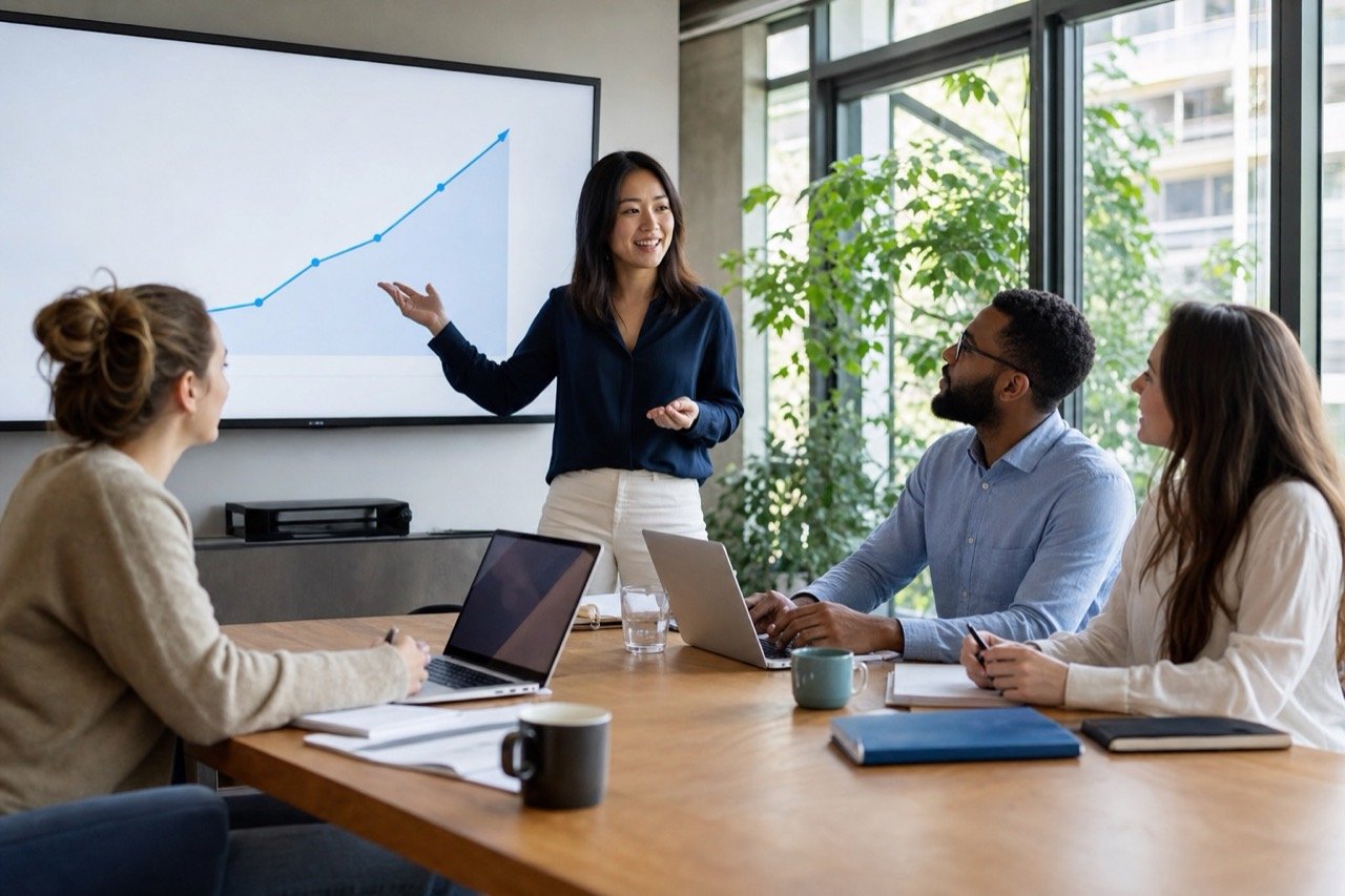 A diverse marketing team collaborating around a table while a colleague presents a rising growth chart on a wall screen in a bright modern office